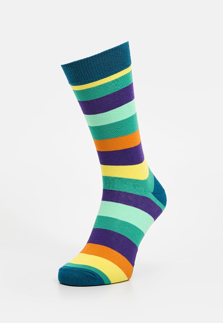 Bawełniana skarpeta z pionowymi paskami w kolorze turkusowym, purpurowym, żółtym, pomarańczowym i zielonym. Żebrowana górna część i gładka tekstura przez całą długość.