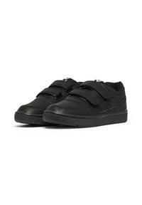 Svarta sneakers med en slät syntetisk ovandel, spännen med kardborreband, strukturerad gummisula och subtila designaccenter.