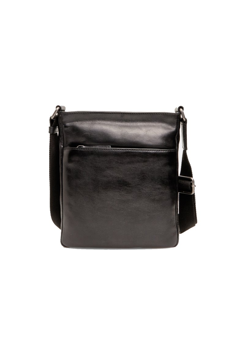 Borsa a tracolla in pelle nera con una texture liscia, forma rettangolare, chiusura superiore con zip e una tasca frontale aggiuntiva per riporre oggetti.