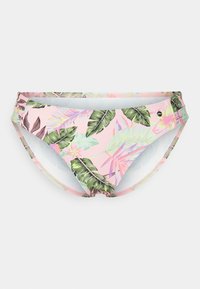 Rózsaszín bikinialj trópusi levél mintával, különböző zöld árnyalatokkal és pink, valamint lila árnyalatokkal. Puha, rugalmas anyag.