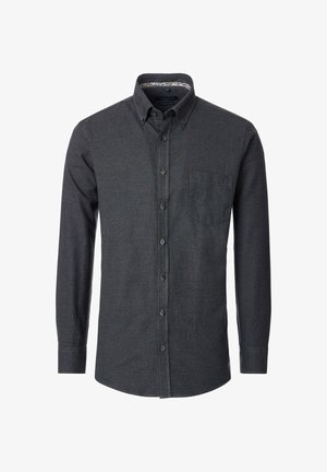 Dark gray button-up shirt with long sleeves, single chest pocket, and a patterned fabric inside the collar. Smooth texture, regular fit.