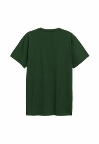 Kurzärmliges T-Shirt mit Rundhalsausschnitt aus dunkelgrünem Baumwollstoff. Es hat einen geraden Schnitt und eine glatte Textur mit einem schlichten Rückendesign.