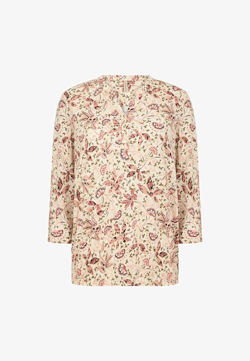 Virágmintás blúz könnyű, texturált anyagból. V-nyakú és 3/4-es ujjú, rózsaszín és zöld botanikai mintákkal díszítve.