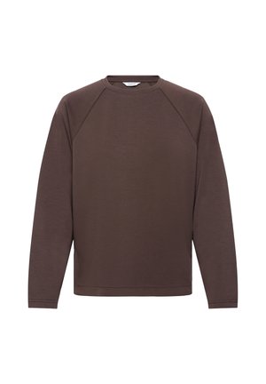 Sweat-shirt marron à manches longues avec col rond, manches raglan et poignets côtelés, présenté sur un fond blanc.
