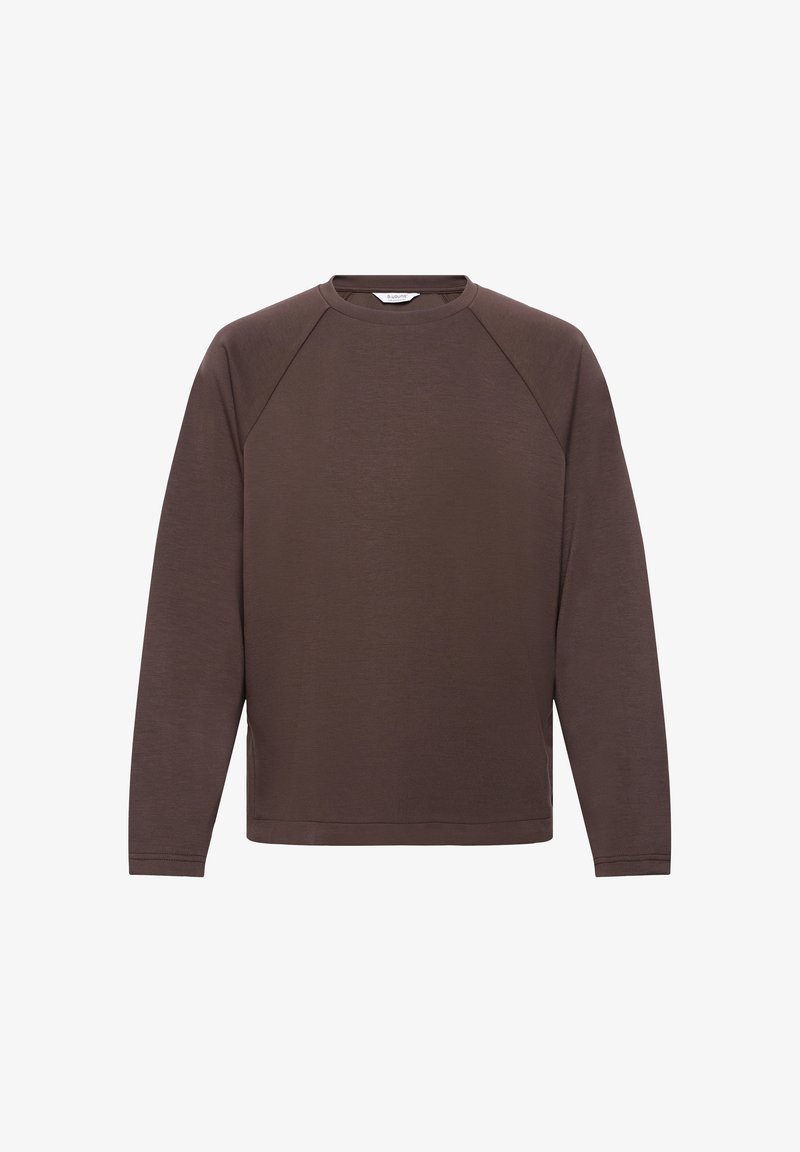 Sweat-shirt marron à manches longues avec col rond, manches raglan et poignets côtelés, présenté sur un fond blanc.