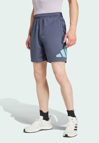 Blå sportshorts med ett lätt, texturerat tyg. Har en elastisk midja och en stor turkos logotyp på sidan.