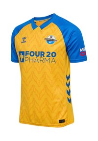 Κίτρινη ποδοσφαιρική φανέλα με μπλε μανίκια, λογότυπο SC Paderborn 07, λογότυπο Hummel και χορηγός Four 20 Pharma μπροστά.