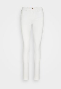 Jeans ajustados blancos de denim con una textura suave, que cuentan con un cierre de botón y cinco bolsillos, con acentos de hardware en tono dorado.