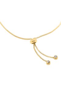 Collana in oro con design a catena a serpente, dotata di un gancetto ovale mobile e due pendenti decorati con pietre trasparenti.