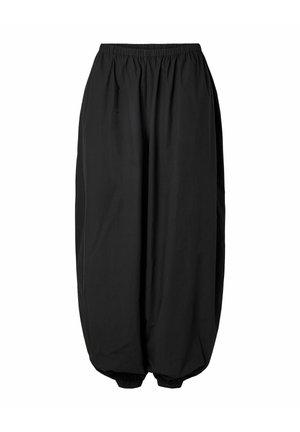 Svarte, vide bukser med elastisk midjebånd, innsnevrede mansjetter og glatt tekstur. Enkelt design uten synlige mønstre eller dekorasjoner.