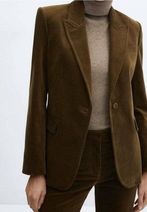 Blazer marron velouté et pantalon assorti portés sur un pull à col roulé marron clair sur une personne debout devant un fond uni.
