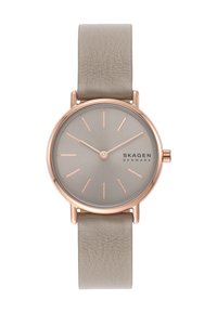 Jasnoszary skórzany zegarek na pasku z okrągłą szarym cyferblatem, różowo-złotymi akcentami, cienkimi znacznikami godzin oraz minimalistycznym designem.