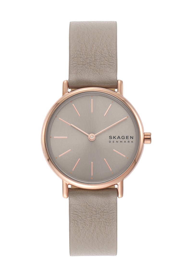Jasnoszary skórzany zegarek na pasku z okrągłą szarym cyferblatem, różowo-złotymi akcentami, cienkimi znacznikami godzin oraz minimalistycznym designem.