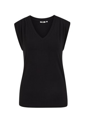 Melns piedurkņiem bez V-veida kakla tops ar krokotu plecu detaļu un pieguļošu siluetu uz balta fona.