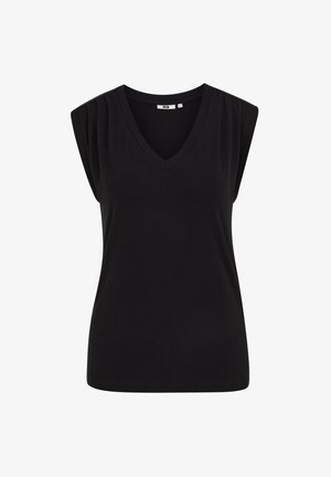 Fekete ujjatlan V-nyakú felső pliszírozott vállrészlettel és testhez álló szabással, fehér háttéren.