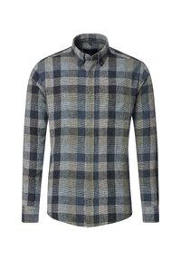 Ein Button-Down-Hemd mit einem blau-grau-grünen Karomuster, langen Ärmeln und einem klassischen Kragen. Hergestellt aus gewebtem Stoff mit einer strukturierten Oberfläche.
