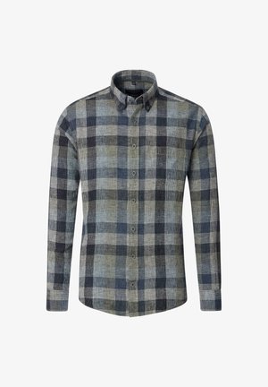 Ein Button-Down-Hemd mit einem blau-grau-grünen Karomuster, langen Ärmeln und einem klassischen Kragen. Hergestellt aus gewebtem Stoff mit einer strukturierten Oberfläche.