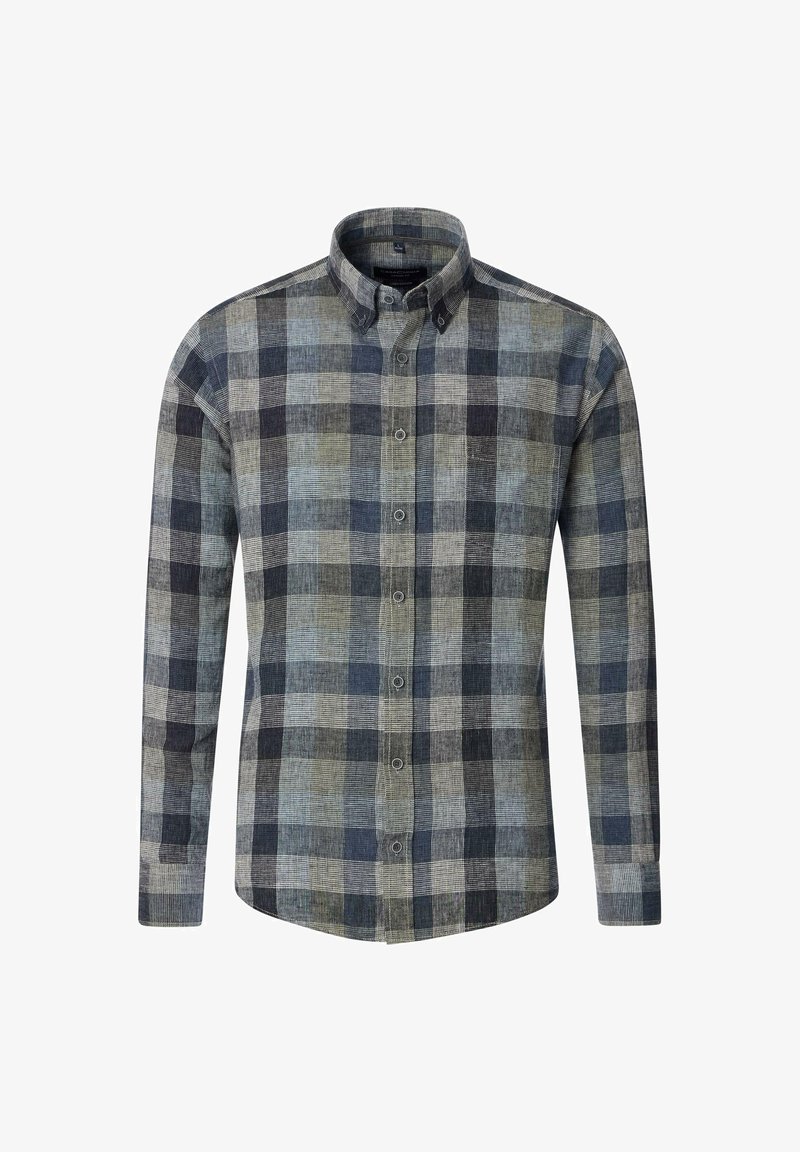 Ein Button-Down-Hemd mit einem blau-grau-grünen Karomuster, langen Ärmeln und einem klassischen Kragen. Hergestellt aus gewebtem Stoff mit einer strukturierten Oberfläche.