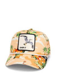 Cap with a peach floral pattern, featuring green leaves and a patch displaying a seagull and the text "OVER IT." Adjustable strap at back.
