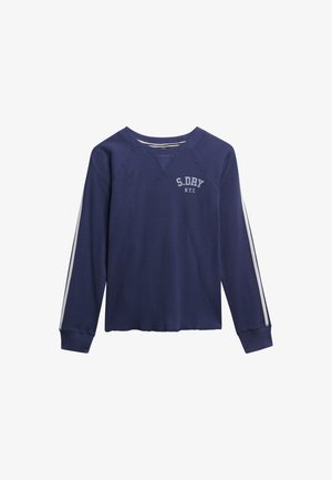Marineblaue Langarmshirt mit geripptem Textil, versehen mit weißen Streifen an den Ärmeln und dem Logo "S.DRY N.Y.C" auf der Vorderseite.