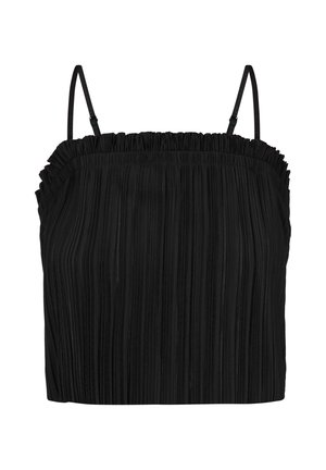 Top plissé noir avec bretelles réglables, présentant un col froncé et une silhouette ample, mettant en valeur la texture du tissu.