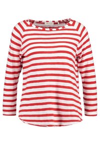 Rot-weiß gestreiftes Langarmshirt, runder Hals, weicher Stoff, lockere Passform, abgerundeter Saum, lässiges Design ohne Muster oder Grafiken.