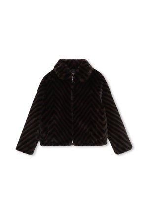 Veste en fausse fourrure marron foncé avec motif chevron, fermeture éclair entière à l'avant, manches longues et col plié.
