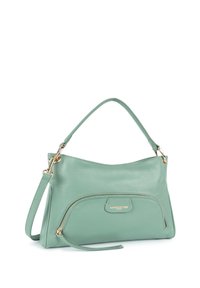Borsa a tracolla in pelle verde menta con una forma strutturata, tasca frontale con zip, metalleria color oro e tracolla regolabile.