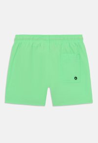 Gröna badshorts med elastisk midja, platt ficka på baksidan och en liten svart knappdetalj. Slät, lätt tyg.
