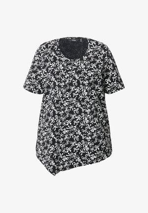 Schwarzes Kurzarmoberteil mit weißem Schleifenmuster. Verfügt über einen runden Ausschnitt, einen lockeren Schnitt und einen leicht asymmetrischen Saum. Hergestellt aus leichtem Stoff.