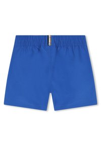 Costume da bagno blu con vita elasticizzata, caratterizzato da un piccolo dettaglio a righe verticali al centro del retro della vita.