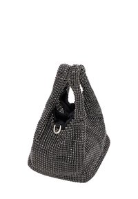 Schwarze und silberne Perlen Handtasche mit strukturiertem Design, doppelten Griffen und gerafftem oberen Teil. Verfügt über ein Innenfutter aus Stoff und silberne Hardwareakzente.