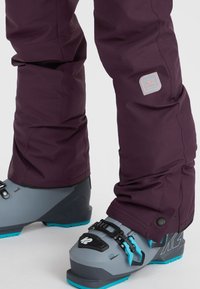 Diep paarse sneeuwbroek in een stof, gecombineerd met grijze en teal skischaatsen met een gesp en textuurelementen. Label zichtbaar op de broek.