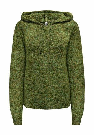 Sweat à capuche en laine verte tricotée avec manches longues et capuche à cordon, présentant un tissu doux et texturé ainsi qu'une coupe décontractée.