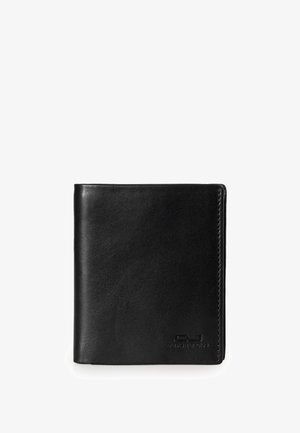 Schwarze Leder-Bifold-Geldbörse mit dezent geprägtlichem Logo in der unteren rechten Ecke, geschlossen gezeigt vor weißem Hintergrund.