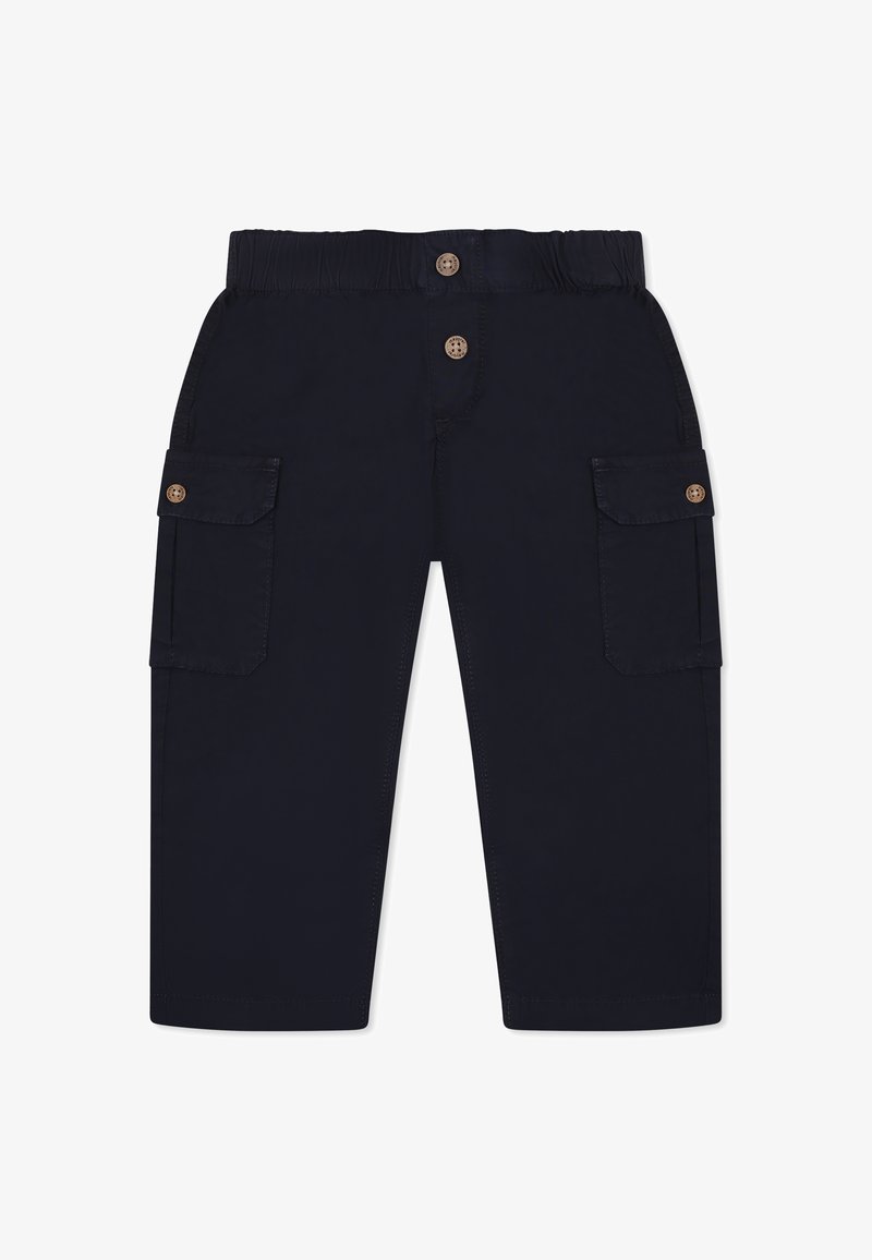 Pantaloni cargo navy con vita elastica, due tasche laterali, chiusure a bottone e una texture liscia. Taglio alla caviglia.