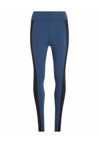 Mėlynai juodos sportinės legginsai su lygiu audiniu, prigludusia forma ir šoninėmis detalėmis kontrastingos spalvos.