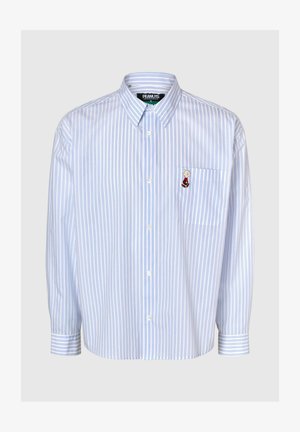 Lichtblauw gestreept overhemd met een button-down kraag, voorzien van een geborduurd cartoonfiguurtje op het borstzakje en lange mouwen.