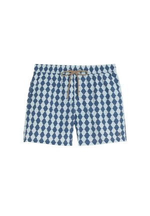 Bañador corto con patrón de diamantes en azul y azul claro, cordón marrón y cintura elástica, con bolsillos laterales y un pequeño logo en el dobladillo.