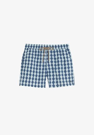 Pantaloni scurți de baie albăstrii și albastru deschis cu model în romburi, șnur maro și talie elastică, cu buzunare laterale și un mic logo pe tiv.