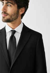 Man met baard die een zwart colbert, wit overhemd en een zwarte stropdas draagt, kijkt iets naar links tegen een effen lichte achtergrond.