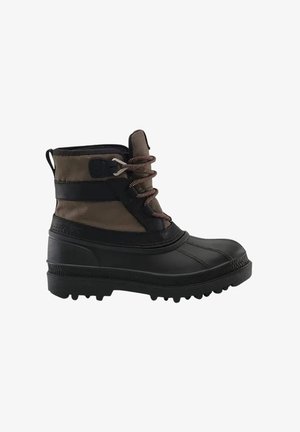 Bruine en zwarte winterlaars met rubberen zool, waterdichte onderkant, stoffen bovenkant en veters doorgeregen door metalen oogjes.