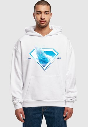 White hoodie featuring blue geometric diamond graphic with "TAKE ME HOME" text, front pocket, and loose fit design. Cotton blend material.