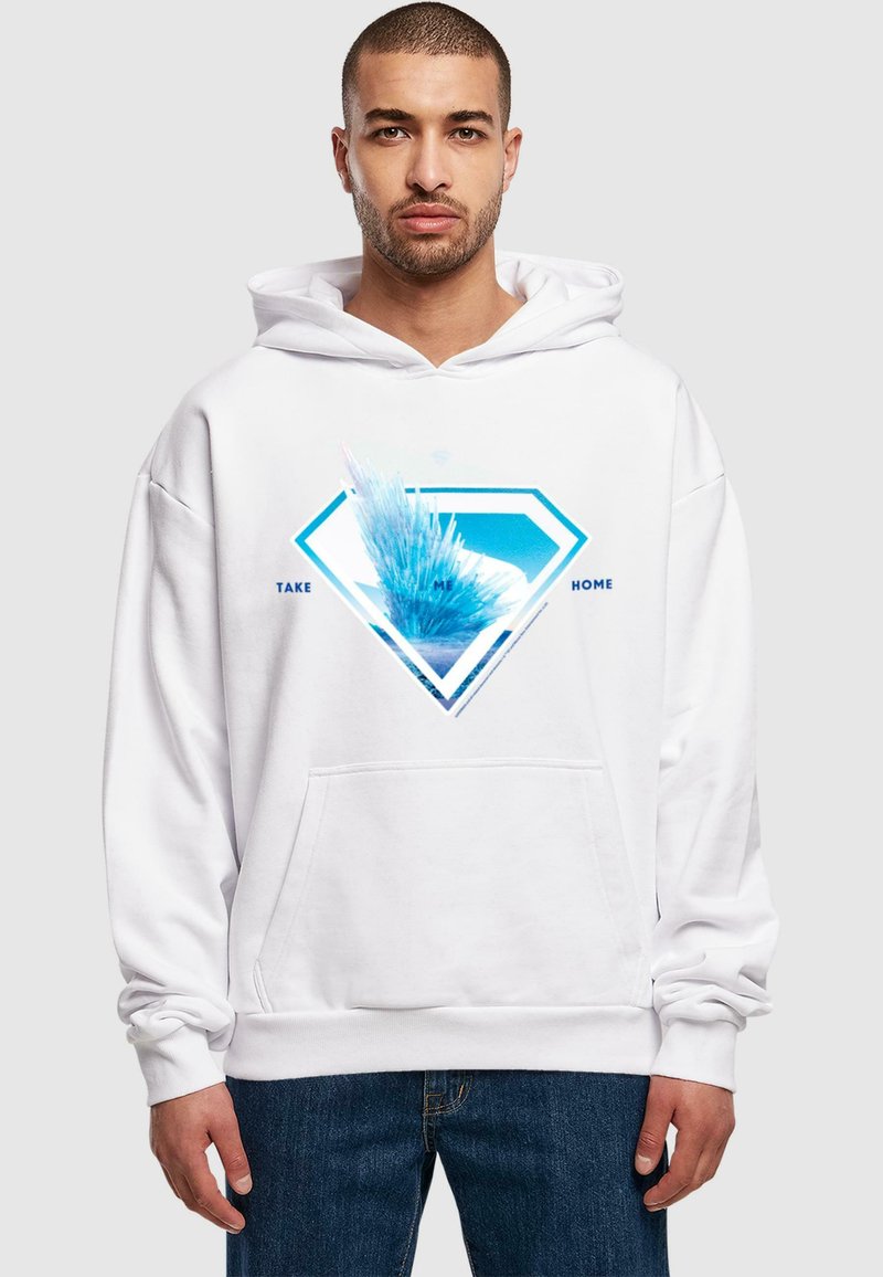 White hoodie featuring blue geometric diamond graphic with "TAKE ME HOME" text, front pocket, and loose fit design. Cotton blend material.