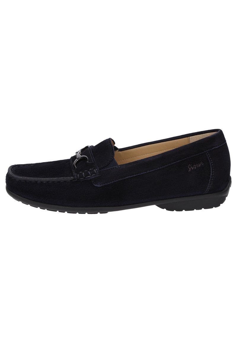 Navy-Suede-Slipper mit dekorativem Metallakzent, runder Spitze und strukturiertem Profil für besseren Halt. Weiche Innenausstattung für Komfort.