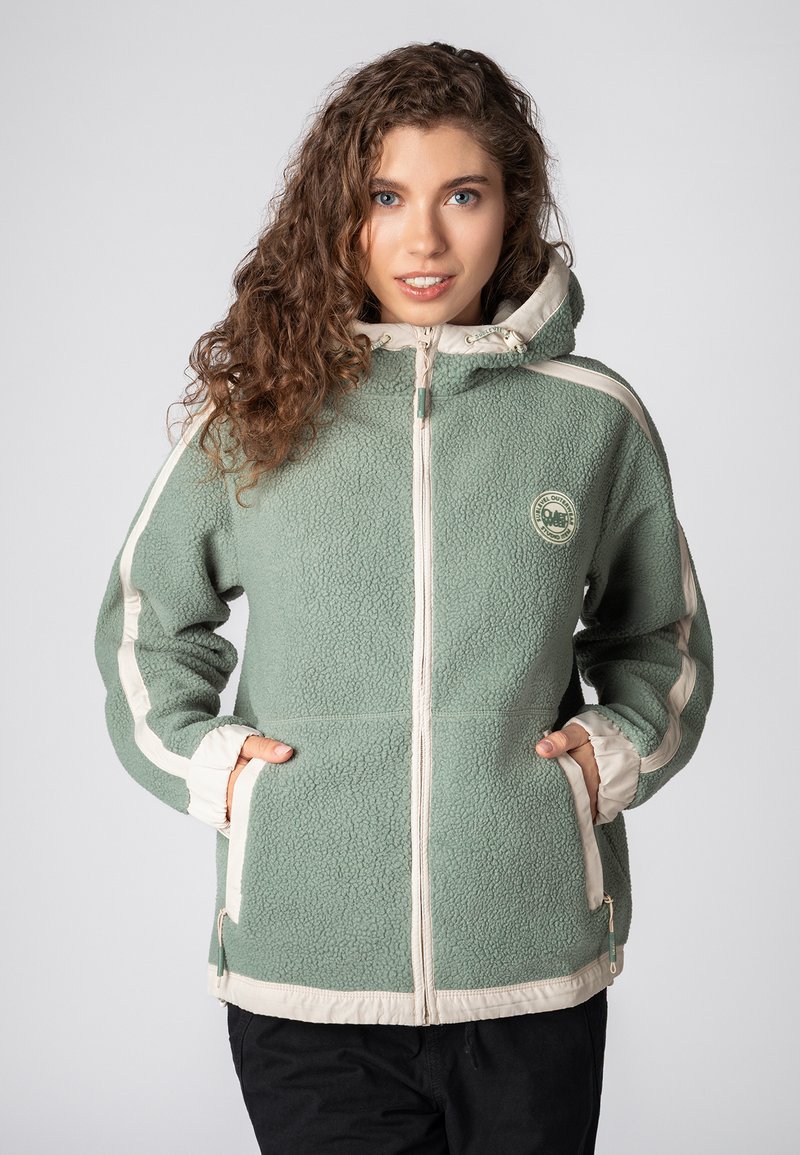 Green fleece jacket with cream accents, full front zipper, hood, and side pockets; textured fabric with a logo detail on the chest.