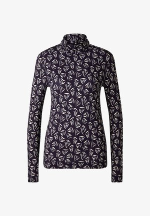 Top à manches longues et col roulé en bleu marine avec un motif géométrique de feuilles blanches. Fabriqué dans un tissu doux et extensible avec une silhouette ajustée.