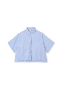 Camicia a righe blu e bianche, tagliata, con colletto, maniche corte e due tasche frontali. Realizzata in tessuto leggero.