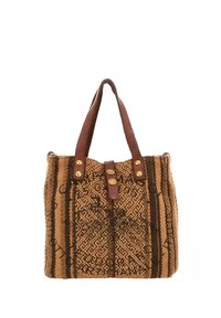 Borsa in tessuto intrecciato con un motivo geometrico marrone e nero, manici in pelle e accessori in tonalità oro. Parte superiore aperta con chiusure a bottone.