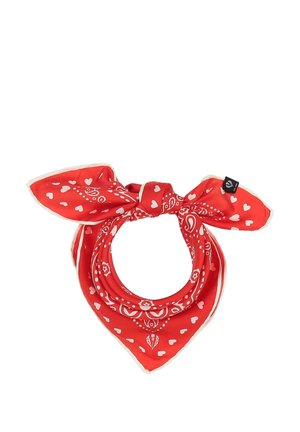 Red bandana with white heart and paisley patterns, folded and tied in a knot at the top.